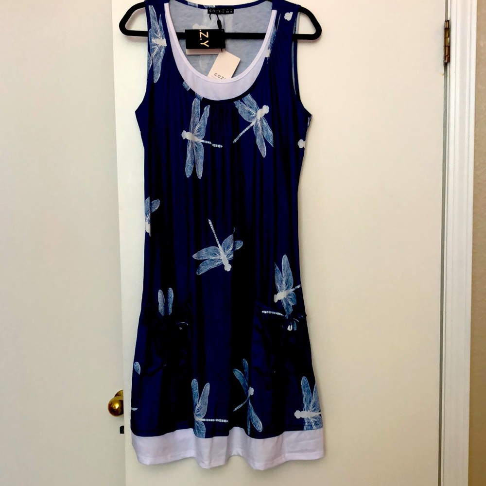 NWT L Summer dress with dragonfly pattern blue and white